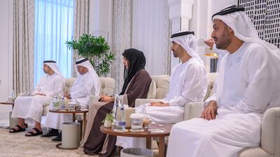 Sheikh Abdullah bin Zayed, Minister of Foreign Affairs and International Co-operation; Dr Anwar Gargash, Diplomatic Adviser to the President; Reem Al Hashimy, Minister of State for International Co-operation; Sheikh Hamdan bin Mohamed; and Sheikh Mohammed bin Hamad, Adviser for Special Affairs at the Presidential Court, attend the meeting.