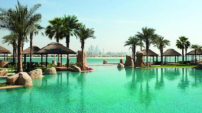 The main pool at Sofitel Dubai The Palm, while often crowded, provides an excellent view of the Dubai skyline. Courtesy Sofitel The Palm Dubai