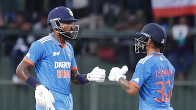 India's Ishan Kishan and Hardik Pandya, left, starred in a century stand against Pakistan in their Asia Cup clash in Pallekele on Saturday, September 2, 2023. AP