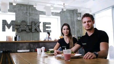 Enisa Glovovic and Marko Mladenovic founded the website Noviplus, which offers members discounts at small, ethical businesses including MAKE business hub's healthy cafe in Dubai Marina. Sarah Dea / The National