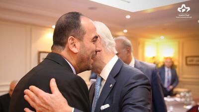 Nasr Al Hariri, head of the Saudi-backed High Negotiations Committee and the unified Syrian opposition delegation to UN-brokered peace talks, (left) meets UN special envoy Staffan de Mistura in Geneva, Switzerland on November 28, 2017.