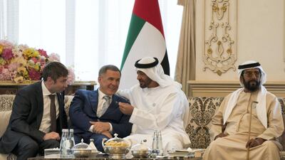 Sheikh Mohammed bin Zayed, Crown Prince of Abu Dhabi and Deputy Supreme Commander of the UAE Armed Forces (2nd R), meets with Rustam Minnikhanov, President of Tatarstan (3rd R), during a Sea Palace barza. Seen with Sheikh Tahnoon bin Mohammed, Ruler's Representative in Al Ain Region (R). Mohammed Al Hammadi / Crown Prince Court - Abu Dhabi