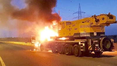 A lorry fire caused delays in Sharjah this morning. Courtesy Sharjah Police