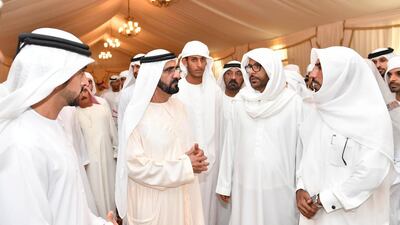 Sheikh Mohammed bin Rashid offers condolences to the martyr Jassim Al Balushi Khran area in Ras Al Khaimah. WAM Photo