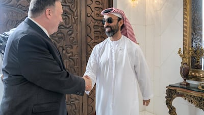 Sheikh Tahnoon bin Zayed, UAE national security advisor, meets with Mr Pompeo. Mohamed Al Hammadi / Ministry of Presidential Affairs