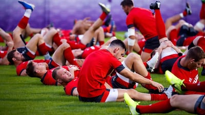 Wales players take part in a team training session in Tokyo. AFP