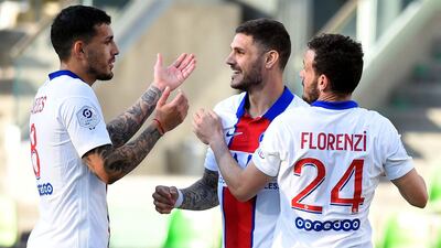 Paris Saint-Germain's Argentinian forward Mauro Icardi (C) celebrates after scoring. AFP