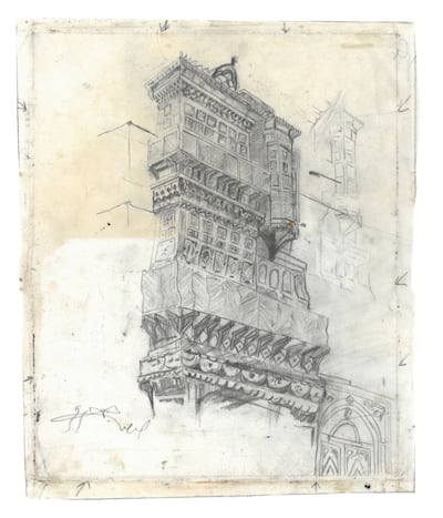 This preparatory drawing for an etching by Safeya Binzagr depicts the family home in Jeddah's Old Town, where she was born in 1940. Photo: Darat Safeya Binzagr