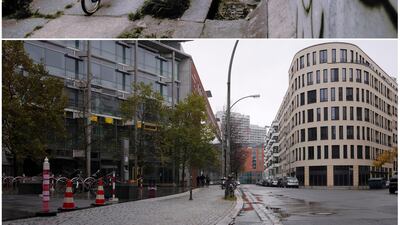 This combination of photos shows a father and son, top, riding their bicycles along a section of the Berlin Wall in Berlin on July 1981 and the same location in November, 2019. AP Photo
