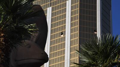 The broken windows in the Mandalay Hotel on the Las Vegas Strip. Mark Ralston / AFP