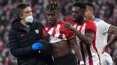 Athletic Bilbao forwards Inaki Williams, right, and younger brother Nico. The brothers could find themselves on opposite sides if they are called up for Ghana and Spain's respective World Cup spots. AFP