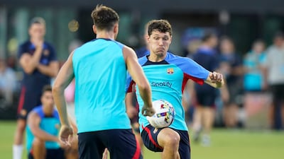 Andreas Christensen runs through drills during a Barcelona training session in Fort Lauderdale. AP