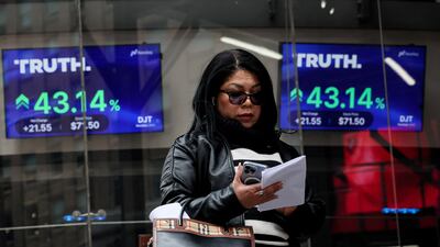 The Truth Social share price is displayed at the Nasdaq Market, in New York City, on March 26. The value of shares has since dropped. Reuters