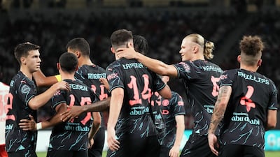 TOKYO, JAPAN - JULY 26: Sergio Gomez of Manchester City celebrates the team's second goal and Erling Haaland of Manchester City during the preseason friendly match between Manchester City and Bayern Muenchen at National Stadium on July 26, 2023 in Tokyo, Japan. (Photo by Koji Watanabe / Getty Images)