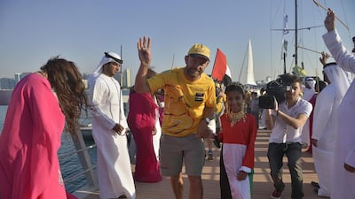 “Hi, so good to be back” says Azzam skipper Ian Walker as he’s escorted Emirati style up the Corniche Village jetty on Saturday at the conclusion of the second leg of the Volvo Ocean Race in Abu Dhabi. Photo Courtesy / Volvo Ocean Race
