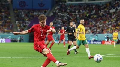 Denmark's Mathias Jensen shoots at goal. Getty