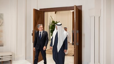 President Sheikh Mohamed and Mr Blinken at Shati Palace, Abu Dhabi. Ryan Carter / UAE Presidential Court