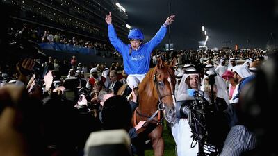 Silvester De Sousa celebrates riding African Story to victory to win the Dubai World Cup at the Meydan Racecourse on March 29, 2014 in Dubai, United Arab Emirates. Francois Nel/Getty Images