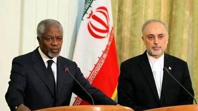 Kofi Annan, left, said he was assured by the Syrian government it would honour a ceasefire scheduled for Thursday during a press conference in Tehran with the Iranian foreign minister, Ali Akbar Salehi.