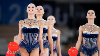 Bulgaria's rhythmic gymnastics' team, Simona Dyankova, Stefani Kiryakova, Madlen Radukanova, Laura Traets and Erika Zafirova, perform during the rhythmic gymnastics group all-around final at the 2020 Summer Olympics.