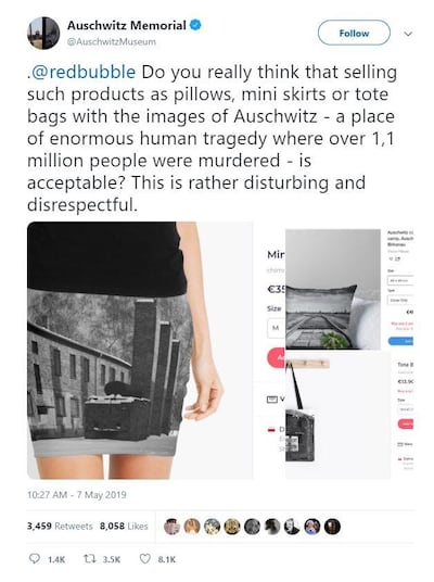 The Auschwitz Memorial condemning the website RedBubble for using images of Auschwitz on its products