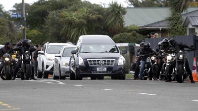 A motorcycle gang provides escort to a hearse transporting the mortal remains of Haji Mohammed Daoud Nabi, killed in New Zealand's twin mosque attacks. AFP
