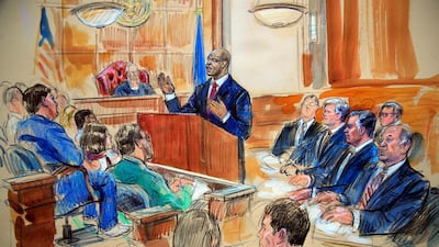 This courtroom sketch depicts Paul Manafort, seated second from right on the right row, together with his lawyers; the jury, seated left; and the US District Court Judge TS Ellis III, back centre. Dana Verkouteren via AP