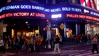 Lehman Brothers name moves across a news ticker in New York's Times Square September 15, 2008. What lessons have been learned in the years since? Joshua Lott / Reuters