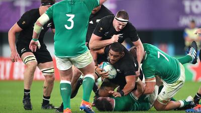 Ofa Tuungafasi of New Zealand is tackled by Josh Van Der Flier of Ireland during the Rugby World Cup 2019 Quarter Final match between New Zealand and Ireland at the Tokyo Stadium in Chofu, Tokyo, Japan. Getty Images