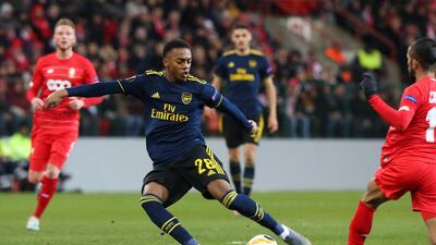 Arsenal's Joe Willock, centre, during a Europa League match against Standard Liege at the Maurice Dufrasne stadium. AP