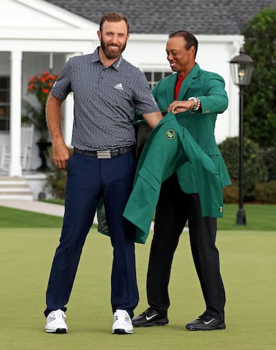 Dustin Johnson of the United States is awarded the Green Jacket by Masters champion Tiger Woods of the United States during the Green Jacket Ceremony after winning the Masters at Augusta National Golf Club. AFP