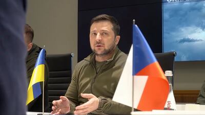Ukrainian President Volodymyr Zelenskyy during the meeting with the leaders of Slovenia, the Czech Republic and Poland in Kyiv on Tuesday. Via AP