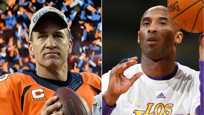 Denver Broncos quarterback Payton Manning, left, and LA Lakers forward Kobe Bryant. AP Photo / David Zalubowski