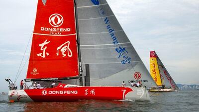 Dongfeng Race Team shown leaving port in Itajai, Brazil last Saturday at the start of the sixth leg of the Volvo Ocean Race. Buda Mendes / Volvo Ocean Race / April 18, 2015