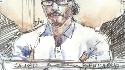 This courtroom sketch created at the Palais de Justice court in Paris on January 24, 2018 shows Jawad Bendaoud in the dock. Benoit Peyrucq / AFP