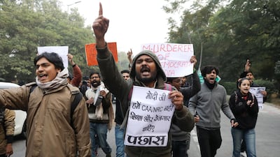 Indian student activists shout slogans during a protest against alleged police brutality on protesters in Uttar Pradesh against the Citizenship Amendment Act. EPA