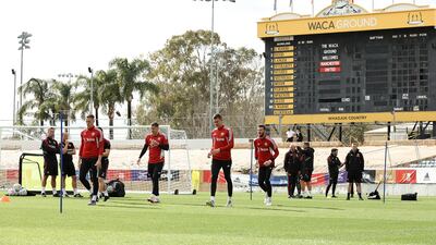 Players warm up during a Manchester United training session at the WACA on July 21, 2022 in Perth, Australia. Getty Images