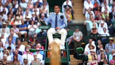 LONDON, ENGLAND - JULY 12: Chair umpire James Keothavong looks on in the Men's Singles semi-final match between Rafael Nadal of Spain and Roger Federer of Switzerland during Day eleven of The Championships - Wimbledon 2019 at All England Lawn Tennis and Croquet Club on July 12, 2019 in London, England. (Photo by Clive Brunskill/Getty Images)