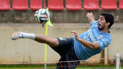 Luis Suarez shown at Uruguay training on Thursday ahead of the 2014 World Cup in Brazil. Daniel Garcia / AFP / June 12, 2014