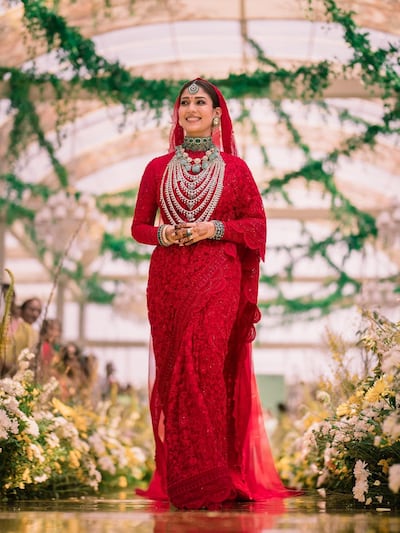 The bride Nayanthara in a sari from Jade, the label by Monica Shah and Karishma Swali. Photo: Instagram / wikkiofficial