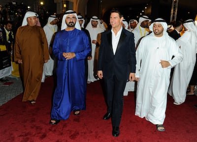 Dubai Ruler Sheikh Mohammed joins Tom Cruise at the Mission: Impossible - Ghost Protocol premiere. Getty Images