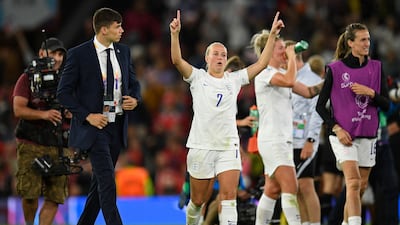 England striker Beth Mead celebrates on the pitch after the Euro 2022 Group A victory over Austria. AFP
