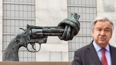Antonio Guterres called for a ceasefire in front of the bronze sculpture called 'The Knotted Gun' last week outside the UN headquarters in New York. EPA