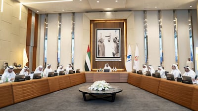 The board of directors of Adnoc meet. Also at the meeting were Sheikh Hazza bin Zayed, deputy chairman of Abu Dhabi Executive Council; Sheikh Mansour bin Zayed, Deputy Prime Minister and Minister of the Presidential Court; Sheikh Khaled bin Mohamed, Deputy National Security Adviser, member of the Abu Dhabi Executive Council and chairman of the Abu Dhabi Executive Office; Suhail Al Mazrouei, Minister of Energy and Infrastructure; Dr Al Jaber; Ahmed Al Sayegh, Minister of State; Ahmed Al Mazrouei, chairman of the Abu Dhabi Executive Council Office; Khaldoon Al Mubarak, chairman of Emirates Nuclear Energy Corporation and Mubadala chief executive; Awaidha Al Marar, chairman of the Abu Dhabi Department of Energy; and Jassem Al Zaabi, chairman of Abu Dhabi Finance Department. Photo: Sheikh Mohamed bin Zayed twitter account