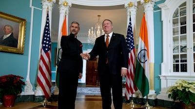 Secretary of State Mike Pompeo shake hands with Indian External Affairs Minister Dr S Jaishankar during a bilateral meeting at the Department of State in Washington, Wednesday, December 18, 2019. AP Photo/Jose Luis Magana
