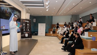 Mr Al Kaissi speaks to students at the event at Yas Creative Hub