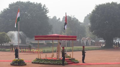Sheikh Mohammed bin Zayed, Crown Prince of Abu Dhabi and Deputy Supreme Commander of the Armed Forces, stands for the national anthem, during an official ceremony at Rashtrapati Bhavan. Ryan Carter / Crown Prince Court — Abu Dhabi
