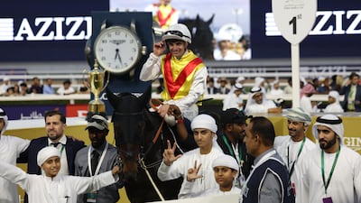 Jockey Connor Beasley after guiding Native Approach to victory in the Al Qouz Sprint at the Dubai World Cup 2026 at Meydan Racecourse. EPA