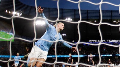 Haaland celebrates scoring City's first goal. Reuters