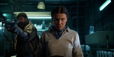 David Harbour, left, and Millie Bobby Brown in season five of Stranger Things. Photo: Netflix
